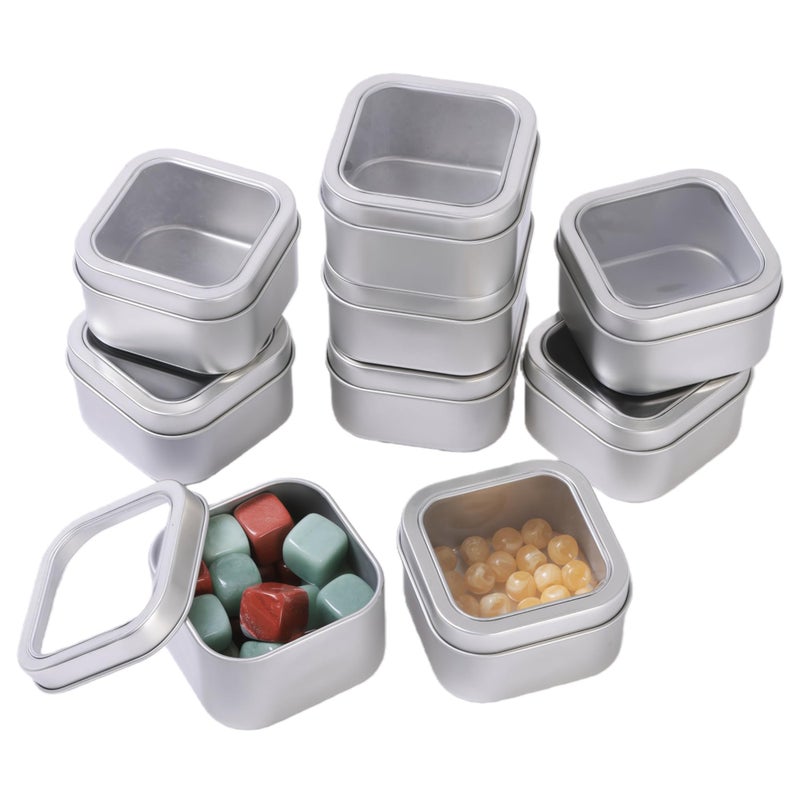 LJY Empty 4-Ounce Square Silver Metal Tins with Clear Window for Candle Making,Gifts & Treasures (9 Pack) (Silver, 2.56"x2.56"x1.5") - Image 1
